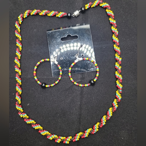 Rasta Reggae Multicolor seed beads Multistrand twist Necklace & Earrings Handmad - Picture 3 of 11